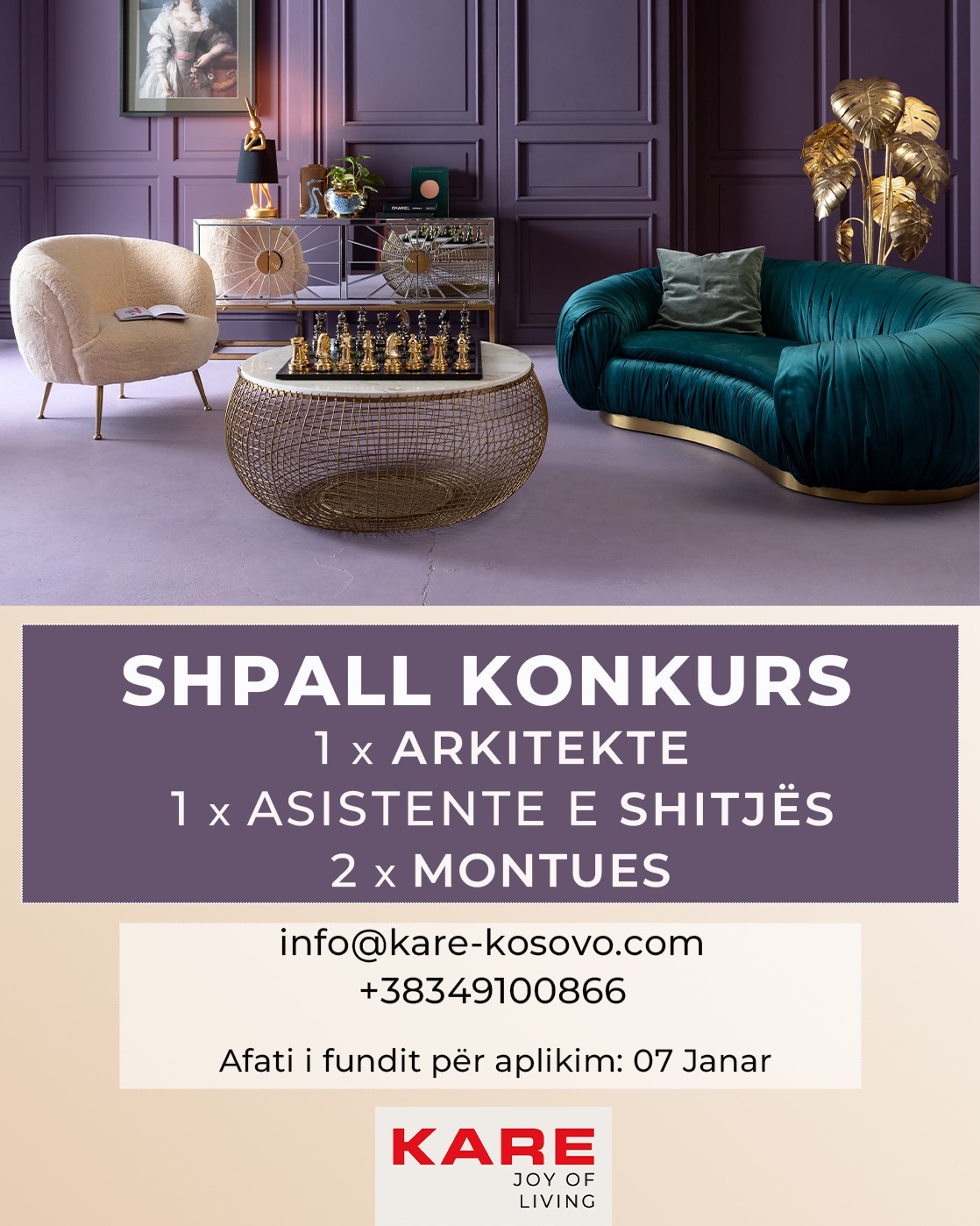 Arkitekte (1), Asistente e shitjes (1), Montues (2)